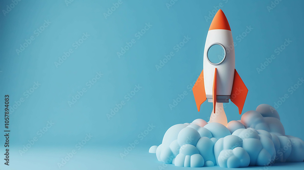 3D rendering of a white and orange rocket launching from a cloud of smoke. The rocket is pointing upwards and is surrounded by a blue background. 3D rendering of a white and orange rocket launching from a cloud of smoke. The rocket is pointing upwards and is surrounded by a blue background.