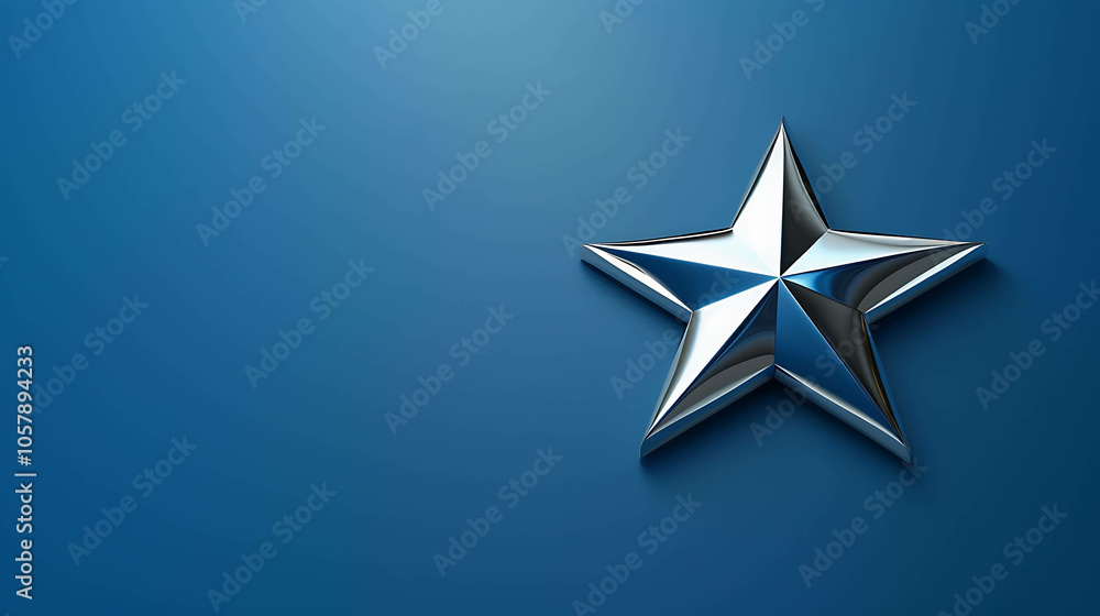 A shiny silver star on a blue background. The star is in the upper right corner of the image. A shiny silver star on a blue background. The star is in the upper right corner of the image.