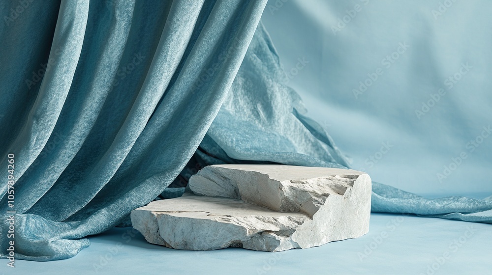 A broken stone podium displayed on a light blue background, decorated with a luxurious fabric. A broken stone podium displayed on a light blue background, decorated with a luxurious fabric.