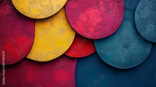 Colorful mural with red, blue, and yellow stripes on a brick wall in an urban...