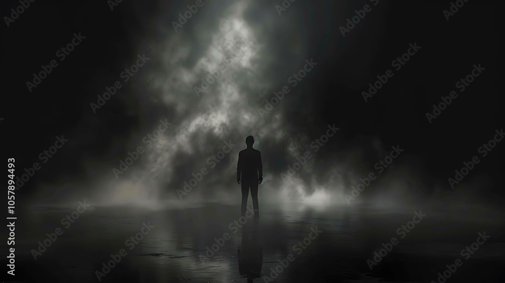 A dark figure stands alone in a foggy landscape. A dark figure stands alone in a foggy landscape.