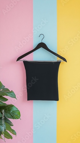 Black clothing on hanger against colorful wall with pink and blue stripes and...