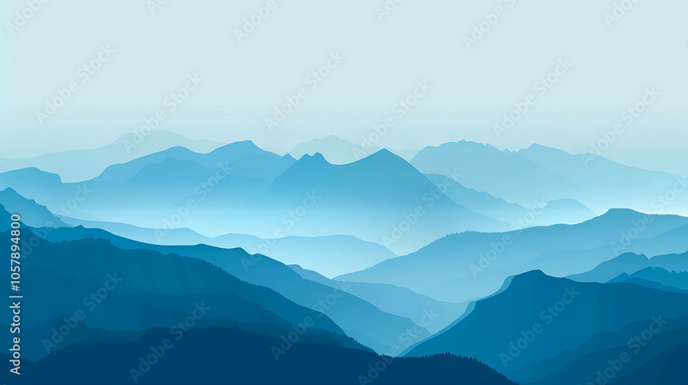 Fototapeta premium Blue mountain range in the distance with a white sky. The mountains are in shades of blue and are of different heights.