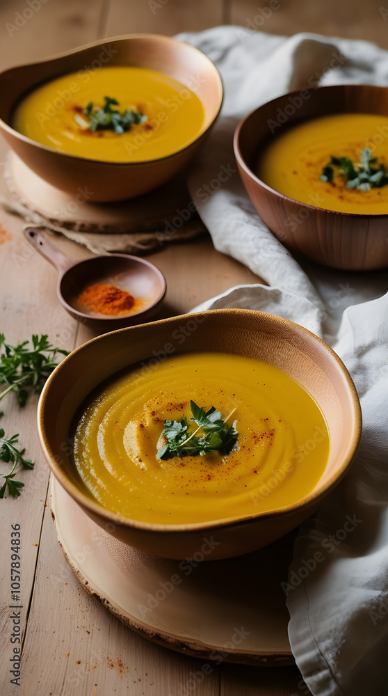 Pumpkin creamy soup served in bowl Pumpkin creamy soup served in bowl