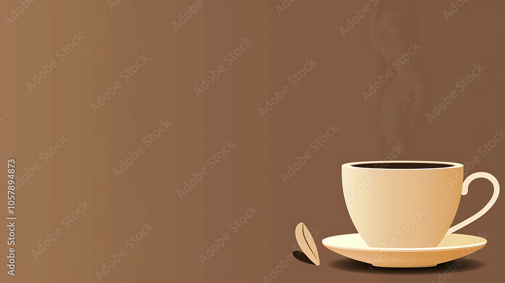 Obraz premium A steaming cup of coffee on a saucer with coffee beans on the side on a brown background.