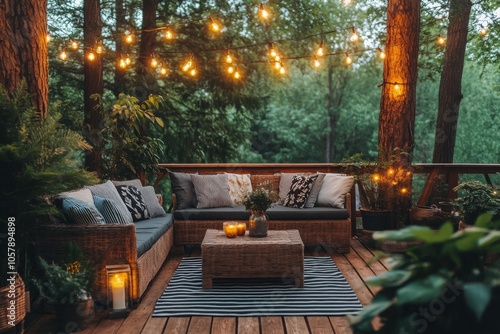 Cozy outdoor seating area in a forested backyard with string lights and plant...