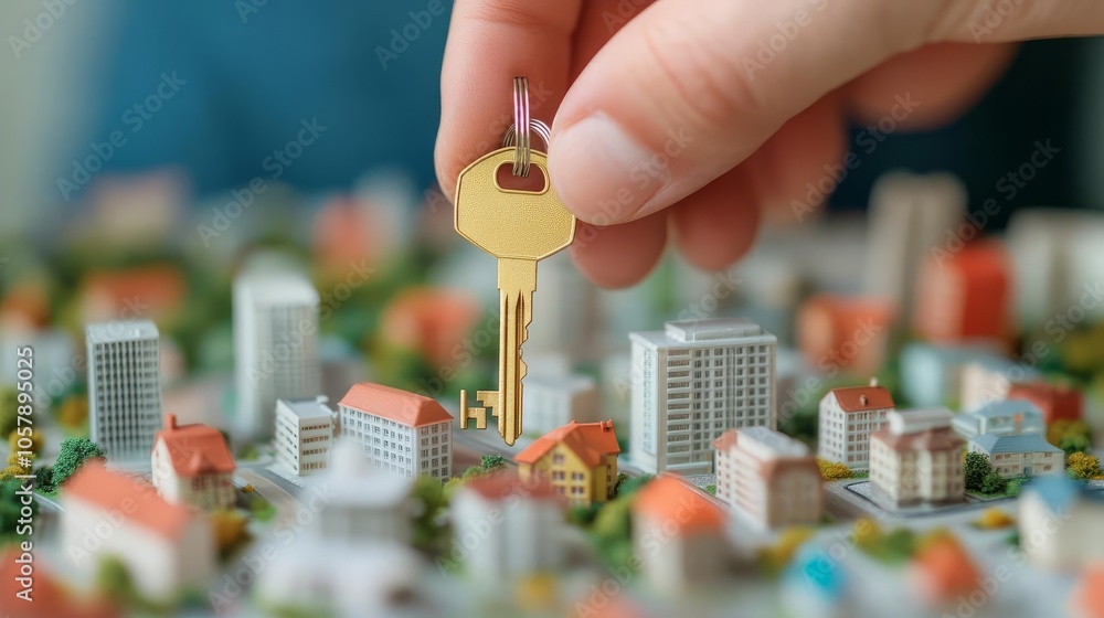 Investor s hand holding key over miniature city, symbolizing property control Investor s hand holding key over miniature city, symbolizing property control