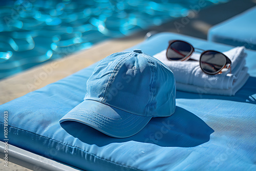 light blue cap rests on sunbed beside sunglasses and towel, evoking relaxed summer vibe by pool photo