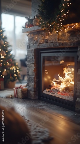 Cozy holiday evening by the fireplace with a Christmas tree and presents nearby