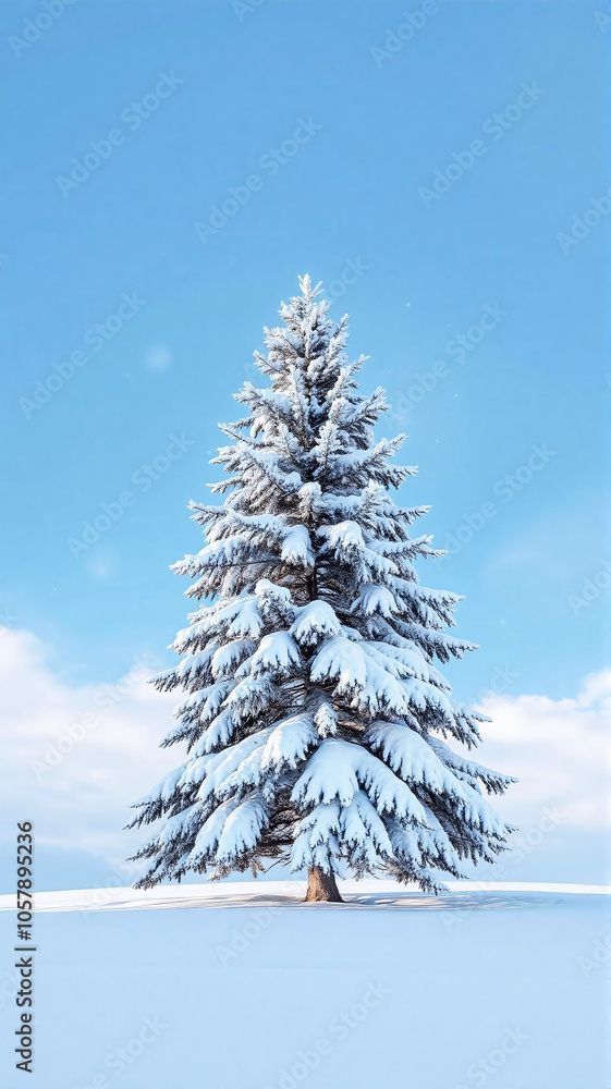 Snow-covered evergreen tree standing alone on a winter day under blue sky