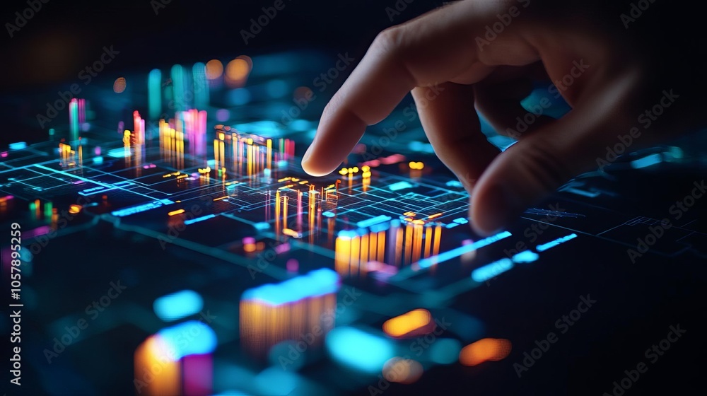 Fototapeta premium Investor s hand on digital property map with cityscape projection