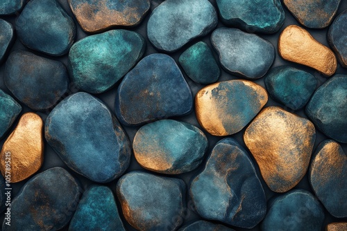 Colorful decorative stones arranged artistically in a mosaic pattern on a dar...