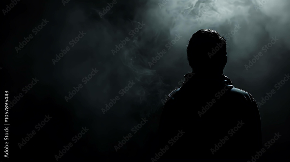 A dark figure stands alone in a spotlight. The figure is wearing a hoodie and has their head down.