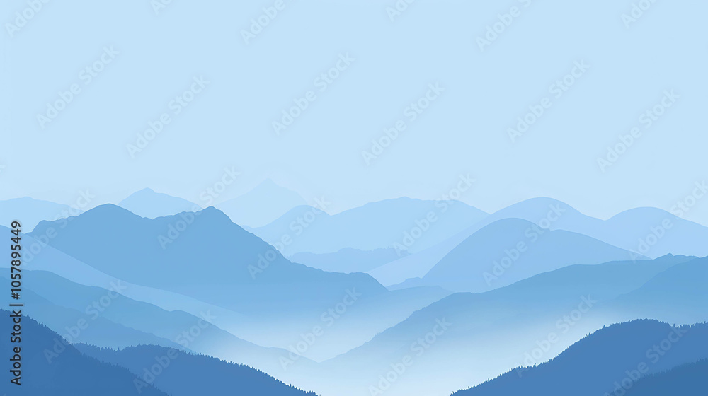 Blue misty mountains in the distance with a hint of trees in the foreground. The sky is clear and light blue, with a few wispy clouds. Blue misty mountains in the distance with a hint of trees in the foreground. The sky is clear and light blue, with a few wispy clouds.