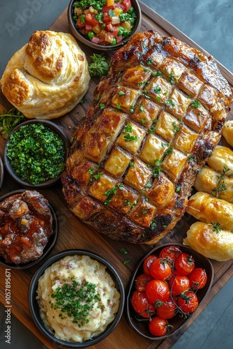 Delicious gourmet meal featuring beef Wellington with sides and wine served o...