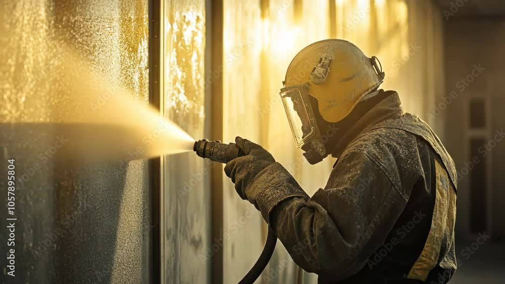 A worker in protective gear sandblasts a wall, using a powerful tool to remove old paint and rust