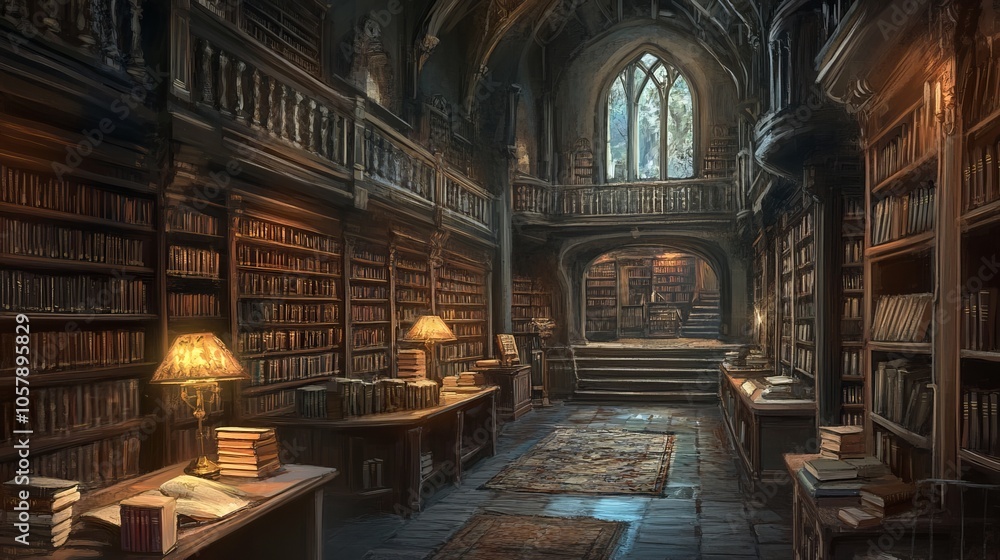 Fototapeta premium A cozy library, with rows of bookshelves and hushed whispers of pages turning. The air is filled with the scent of old books and the soft hum of people lost in their reading.