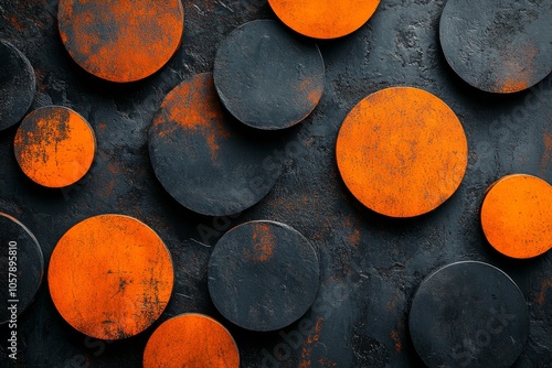 Abstract design featuring orange and black circular shapes on a textured dark...