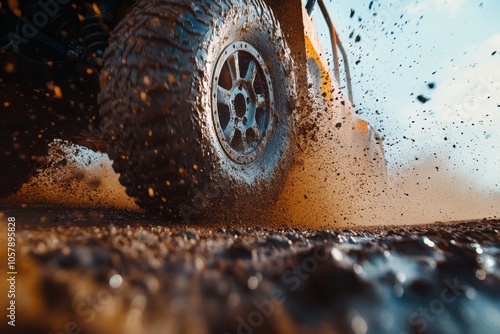Off road vehicle kicking up dirt on a rugged trail during bright daylight