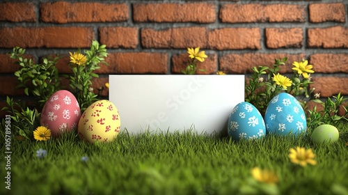 Decorative blue and white spotted eggs arranged in a row against a pastel bac...