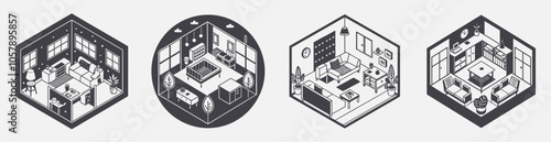 co-living space concept, three-dimensional isometric rooms furniture colors, room modern perspective living