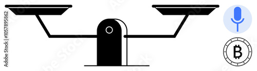 Traditional balance scale weighing voice control icon and Bitcoin symbol. Ideal for technology vs. finance, digital currency, voice recognition, modern technology, economic balance, fintech