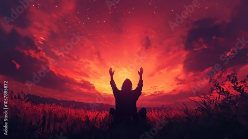 a silhouette of a christian man on his knees worshipping with his hands raised towards the sky 