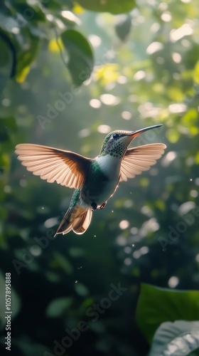 A hummingbird hovers with vibrant wings, surrounded by lush greenery in a ser...