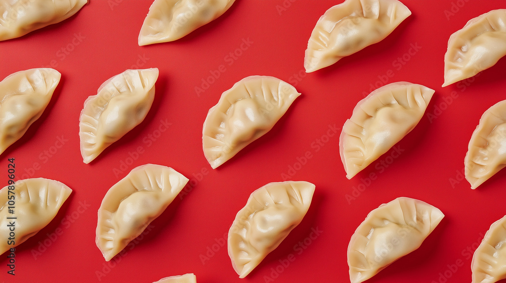 Top view of neatly arranged dumplings in a repetitive pattern on a bold red background, emphasizing food aesthetics Top view of neatly arranged dumplings in a repetitive pattern on a bold red background, emphasizing food aesthetics