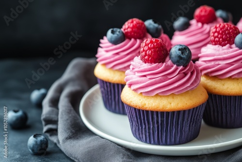 Delicious cupcake topped with fresh raspberries and blueberries on a plate in...