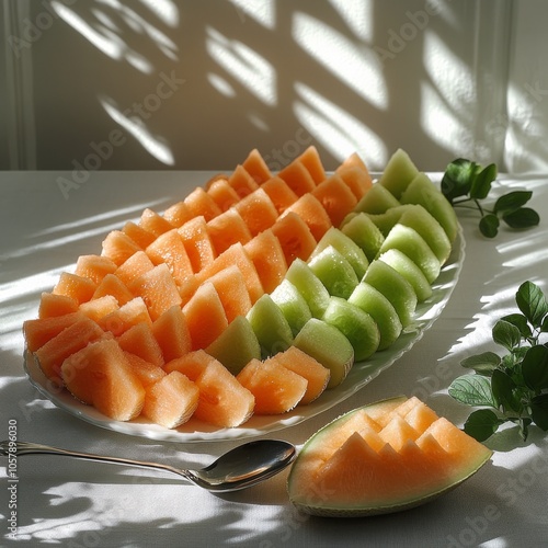 Colorful slices of ripe cantaloupe and honeydew melons are neatly arranged on...