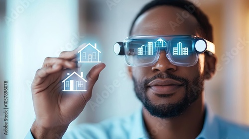 Investor with digital glasses, reviewing projected property values photo