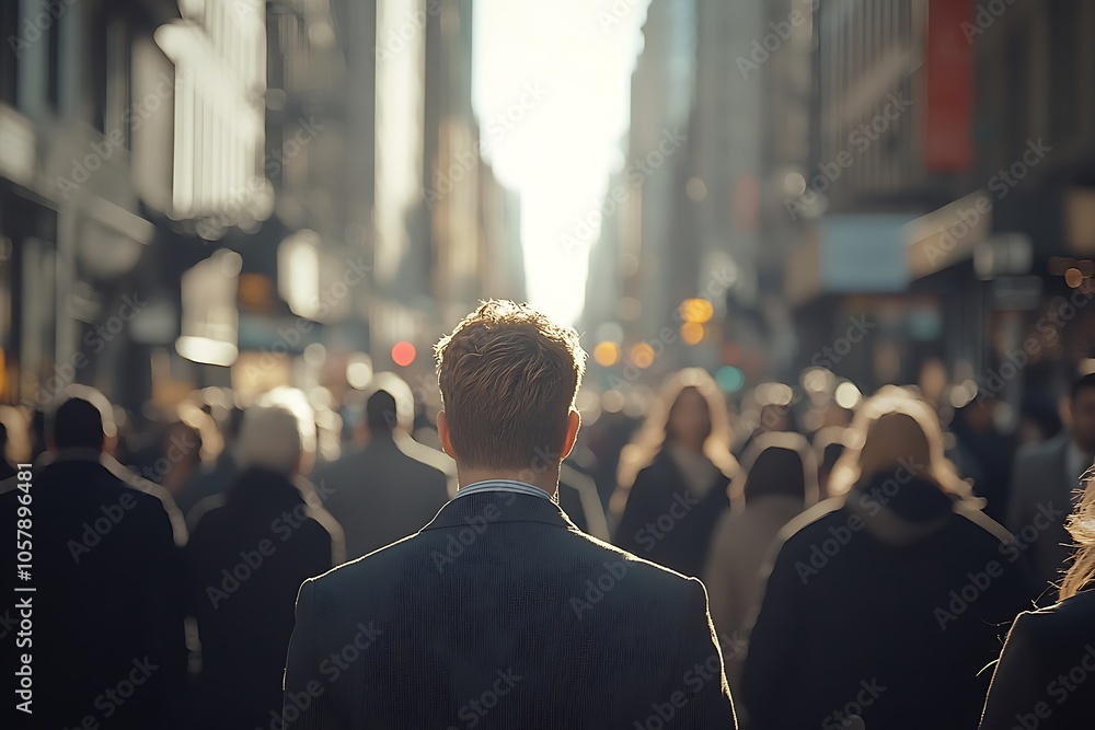 Anonymous Businessman Walking Through Blurry City Crowd Anonymous Businessman Walking Through Blurry City Crowd