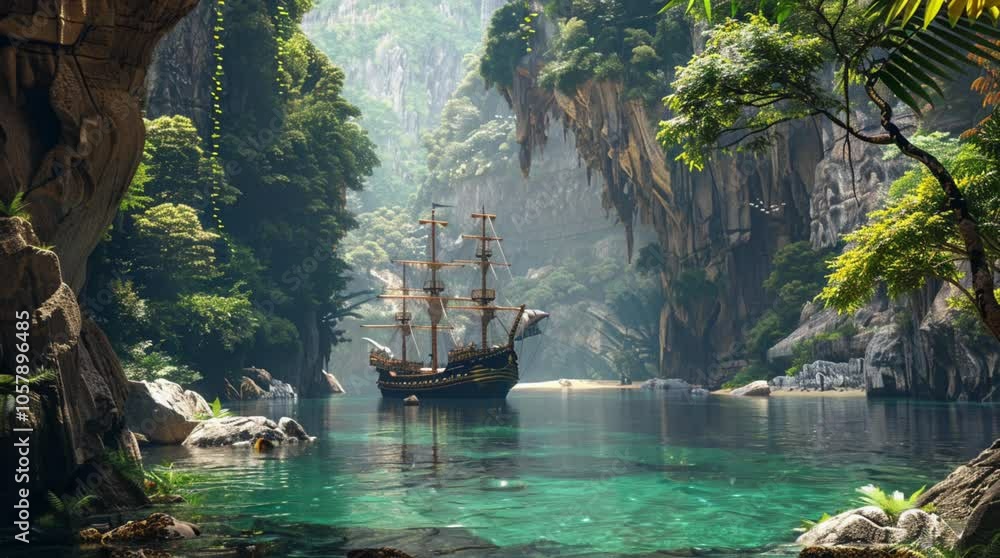 Pirate ship anchored by a rugged rocky cliff, with a stormy sea in the background, evoking adventure
Seamless looping 4k time-lapse virtual video animation Generated AI