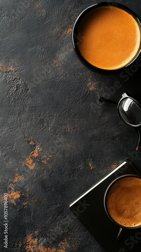 Warm coffee cups and glasses on a textured dark surface in a cozy setting