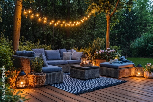 Cozy outdoor seating area in a forested backyard with string lights and plant...