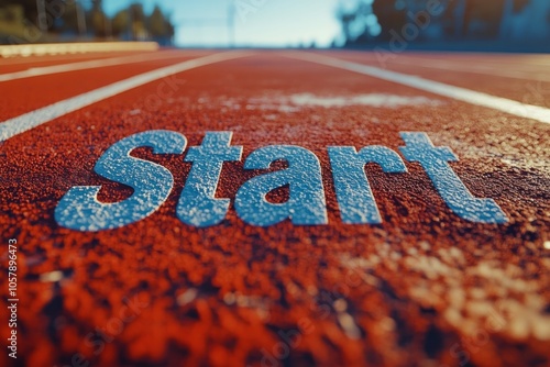 Start line on an outdoor running track during golden hour before a race at a ...