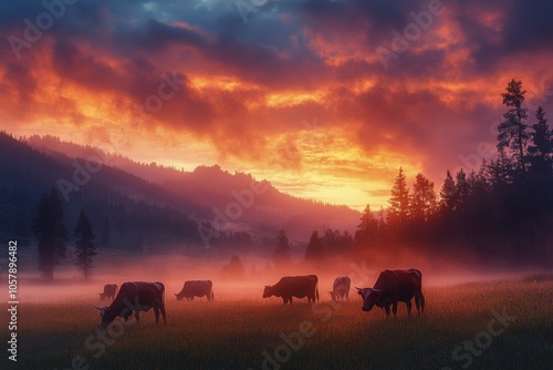 Cows grazing peacefully in a misty field at sunrise with vibrant colors in th...