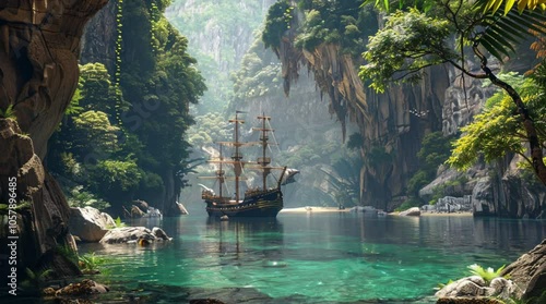 Pirate ship anchored by a rugged rocky cliff, with a stormy sea in the background, evoking adventure
Seamless looping 4k time-lapse virtual video animation Generated AI