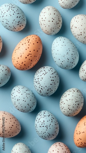 Colorful speckled eggs arranged on a blue surface for springtime decorations ...