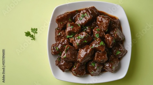 Tender beef chunks braised in a rich sauce garnished with fresh herbs on a br...