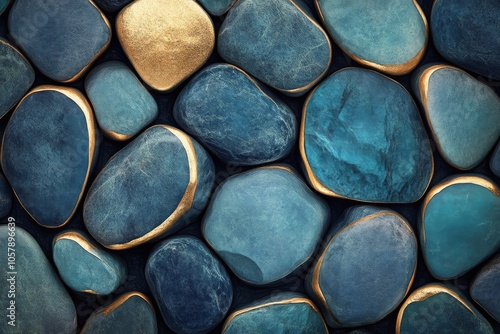 Colorful decorative stones arranged artistically in a mosaic pattern on a dar...
