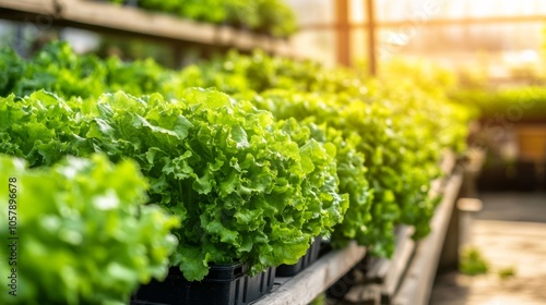 Vertical farming system in a greenhouse, where green vegetables are grown in rows and stacked on top of each other, emphasizes the efficiency of this space-saving farming method.