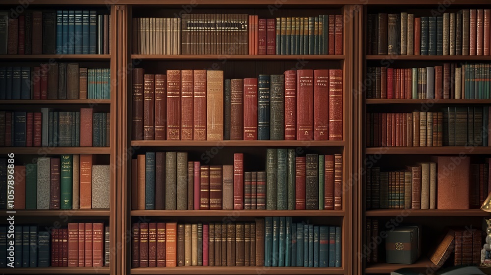 A library bookshelf with colorful book spines and warm wooden shelves. The books are neatly organized, creating a tranquil space for quiet contemplation and study. A library bookshelf with colorful book spines and warm wooden shelves. The books are neatly organized, creating a tranquil space for quiet contemplation and study.