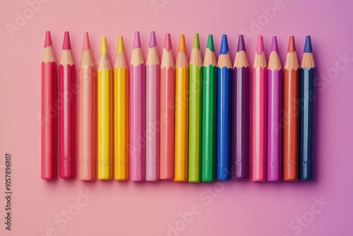 Colorful pencils arranged neatly on a pink background, showcasing a variety o...