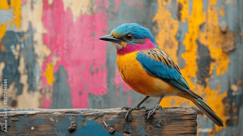 Vibrant bird perched on a rocky surface against a colorful backdrop in nature