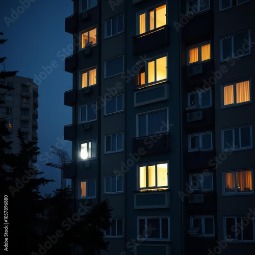 Urban apartment building at night, glowing windows, dark silhouettes, city skyline, moody atmosphere, soft yellow lights, concrete facade, balconies, twilight, residential area, quiet evening, photore photo