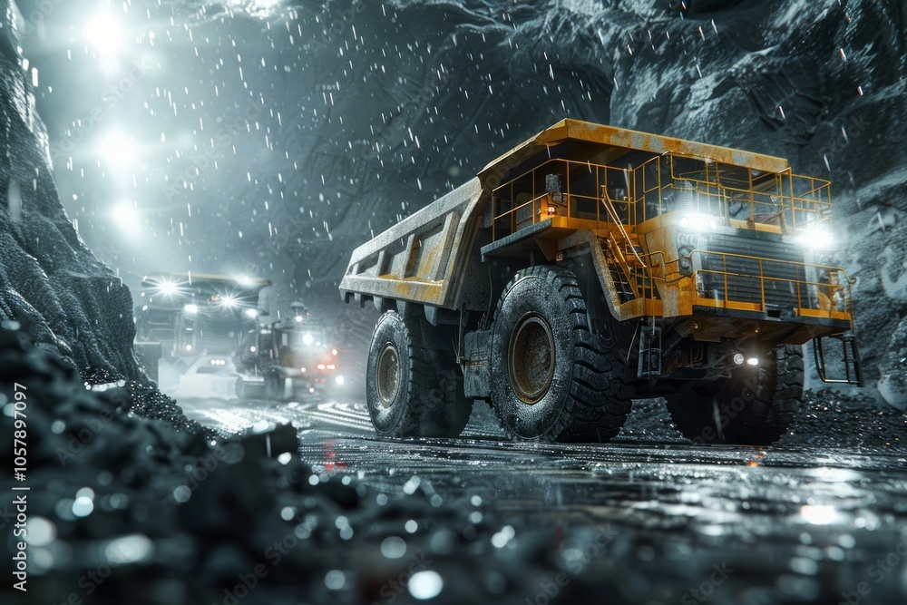 Pit mine industry, big yellow mining truck for coal anthracite in rainy mine background. Neural network ai generated art Pit mine industry, big yellow mining truck for coal anthracite in rainy mine background. Neural network ai generated art