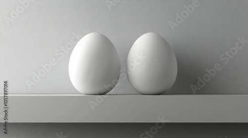Decorative blue and white spotted eggs arranged in a row against a pastel bac...