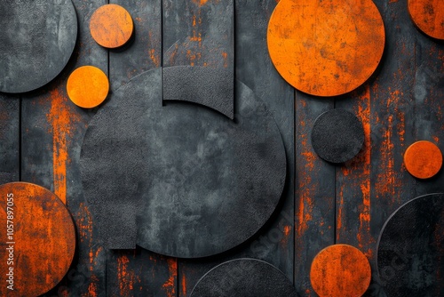 Abstract design featuring orange and black circular shapes on a textured dark...